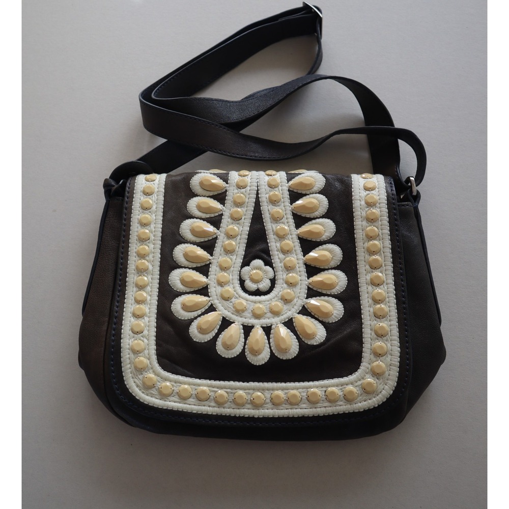 Brighton Womens Tan Daisy Embroidered Pebble Leather Stella Crossbody Purse‎ Bag
